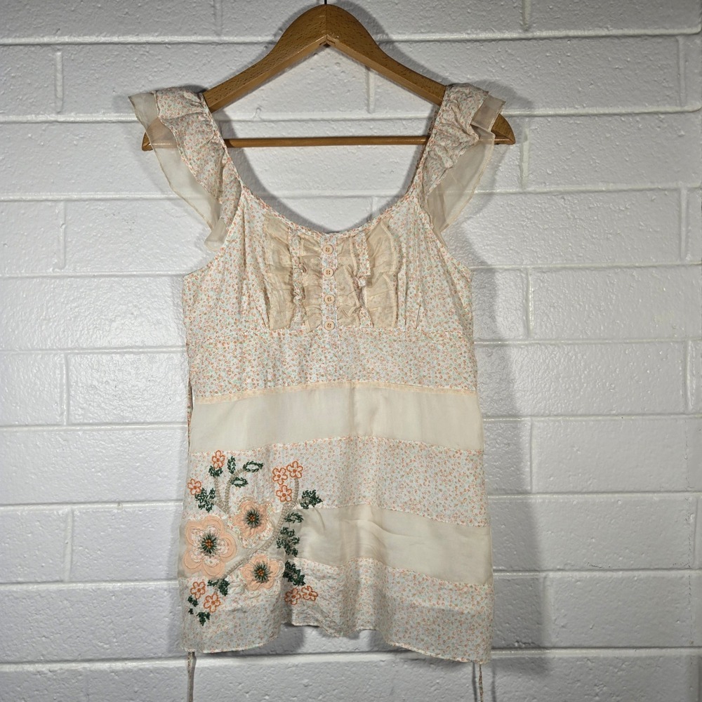 Dejavu‎ Silk Cotton Floral Embroidered Ruffle Tank Top Large Cottagecore Western